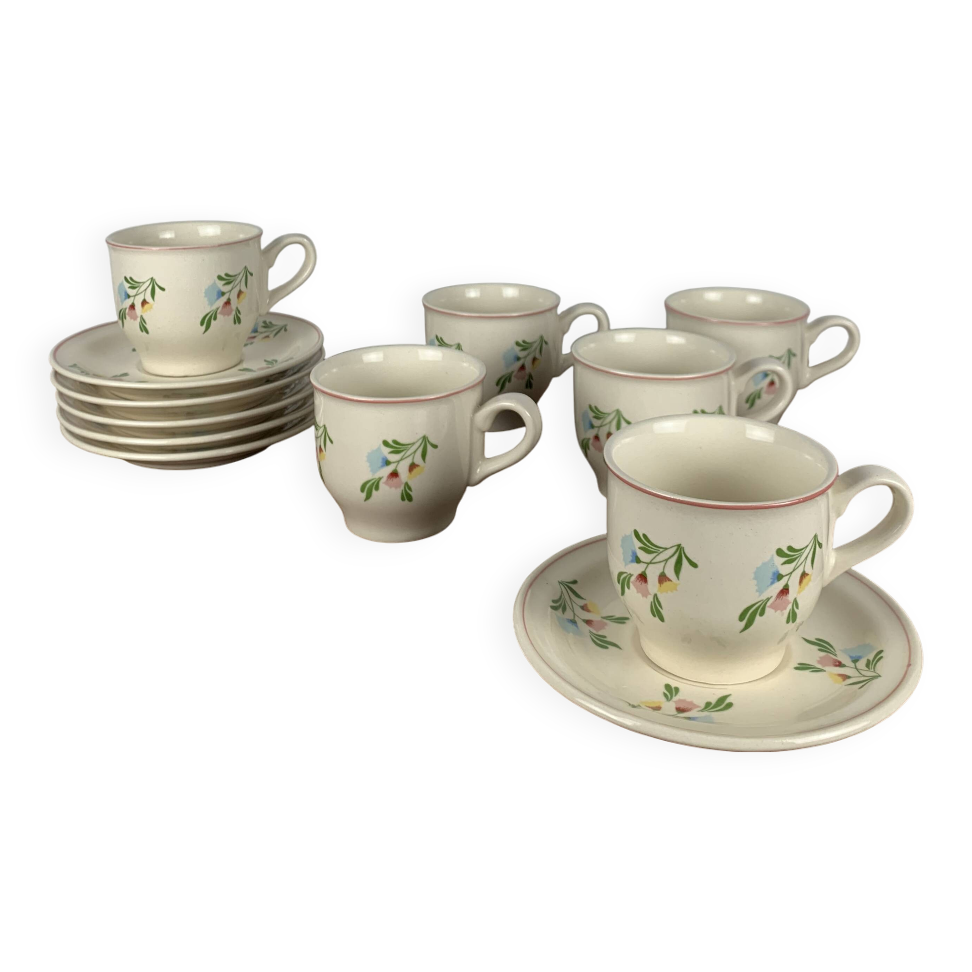 Set of 6 vintage cups + saucers, flower pattern, Germany