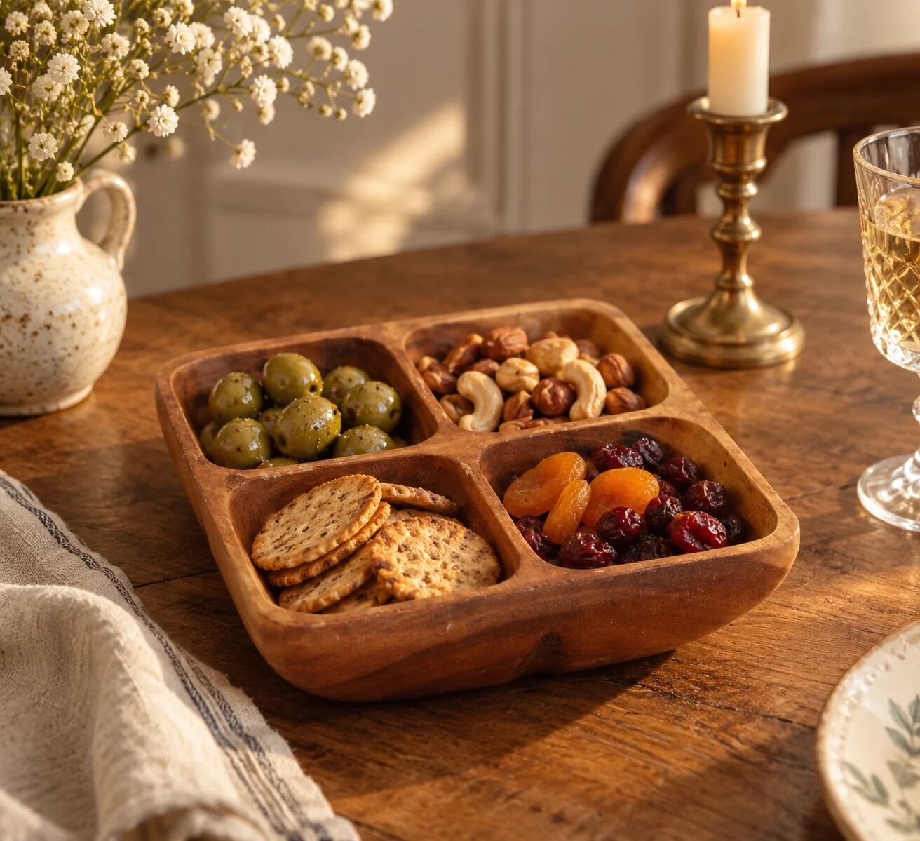 Vintage exotic wood aperitif platter – 4-compartment monkey pod style dish