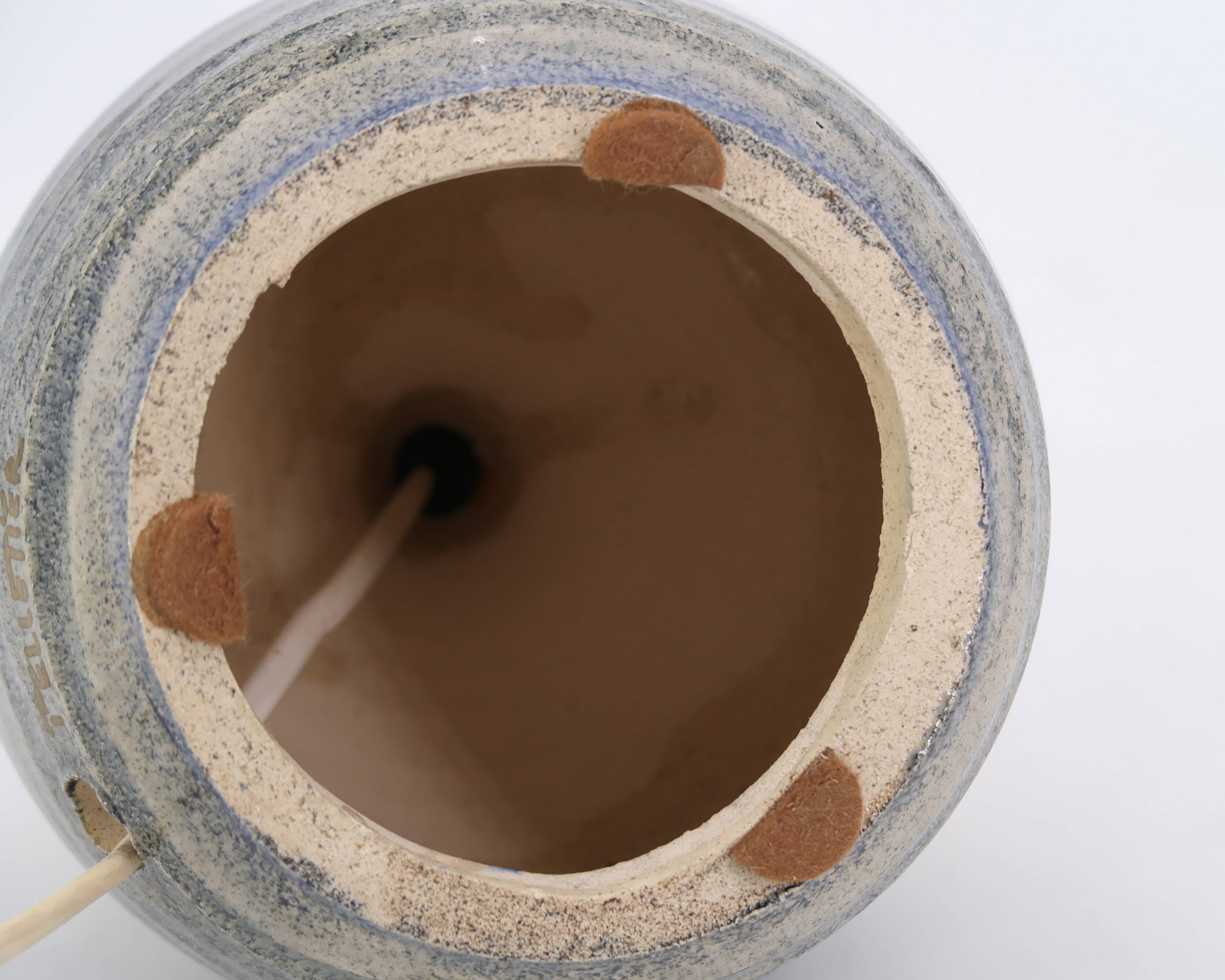 Blue and gold ceramic lamp by Georges Pelletier, raffia lampshade