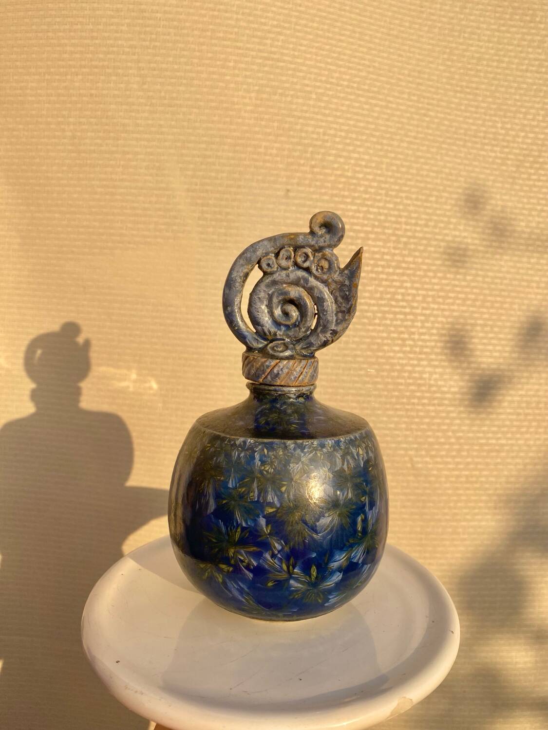 Glazed stoneware bottle with crystallised glaze signed Francoise Roussel.