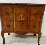 Transitional style commode with a protruding front, in marquetry wood, 20th century.