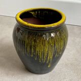Petit vase en céramique vintage avec glaçure goutte à goutte jaune