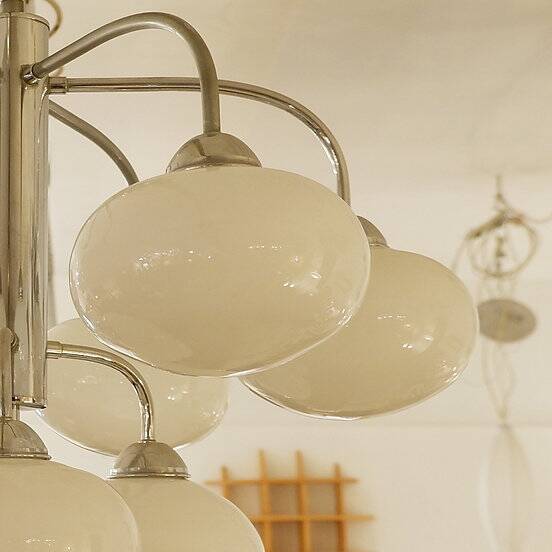 10-light chandelier in opaline and chrome-plated metal, 1960