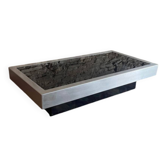 Rectangular coffee table in brushed metal and black glass