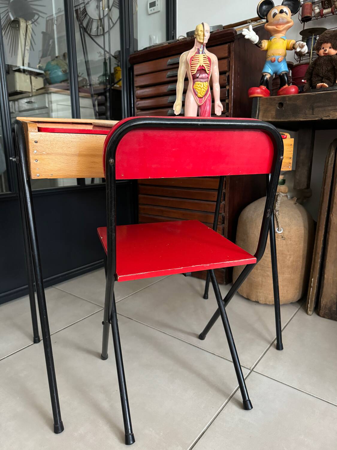 Vintage red children's desk and chair set