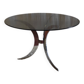 Table à manger design en acier chromé et verre fumé - années 70
