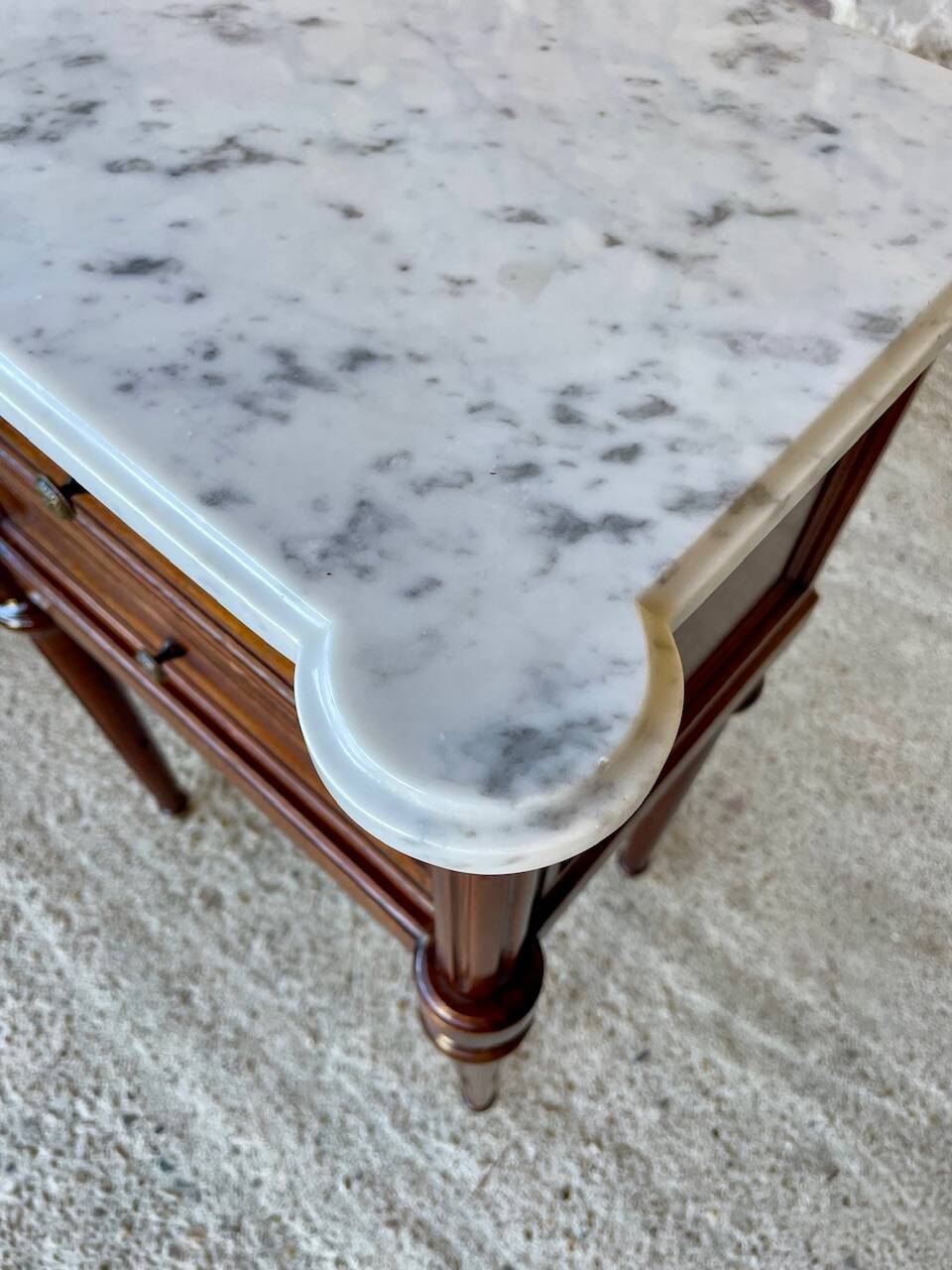 Louis XVI style bedside table, Carrara marble and mahogany