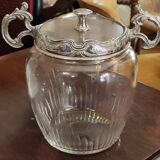 Ancien pot à biscuits/sucrier métal argenté et verre