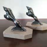 Pair of Gazelles bookends Hippolyte Moreau, signed - Spelter, marble