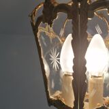 Lanterne de hall en bronze doré 3 feux 5 faces en verre ciselé - début xx ème.