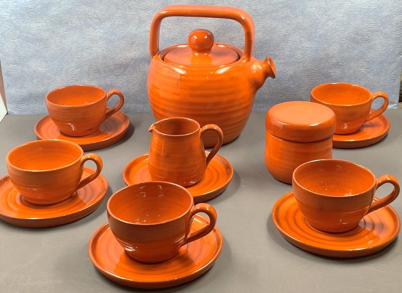 Details on Orange Tea (or Coffee) Service, Vintage 1970" Vallauris? signed B. Aoustin design
