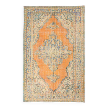 Medallion orange wool rug, beige orange vintage turkish rug 6x10 ft