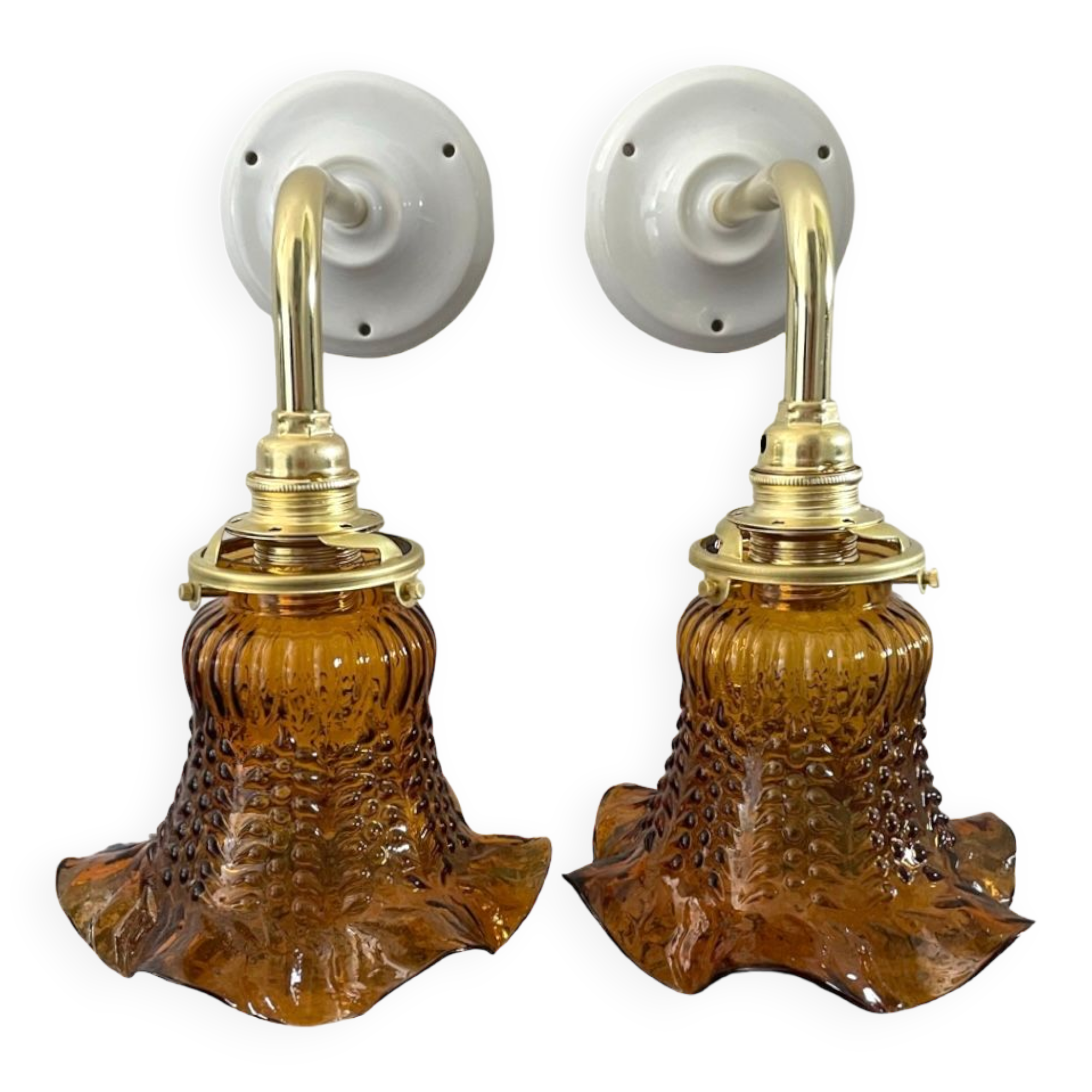 Pair of vintage amber chiseled glass sconces