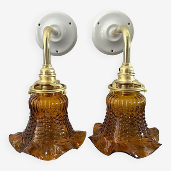 Pair of vintage amber chiseled glass sconces