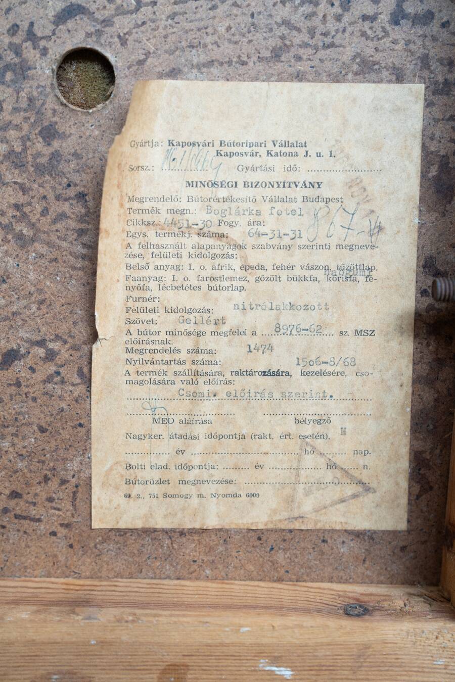 Pair of vintage armchairs in oak and embossed fabric, with old republished certificate of authenticity