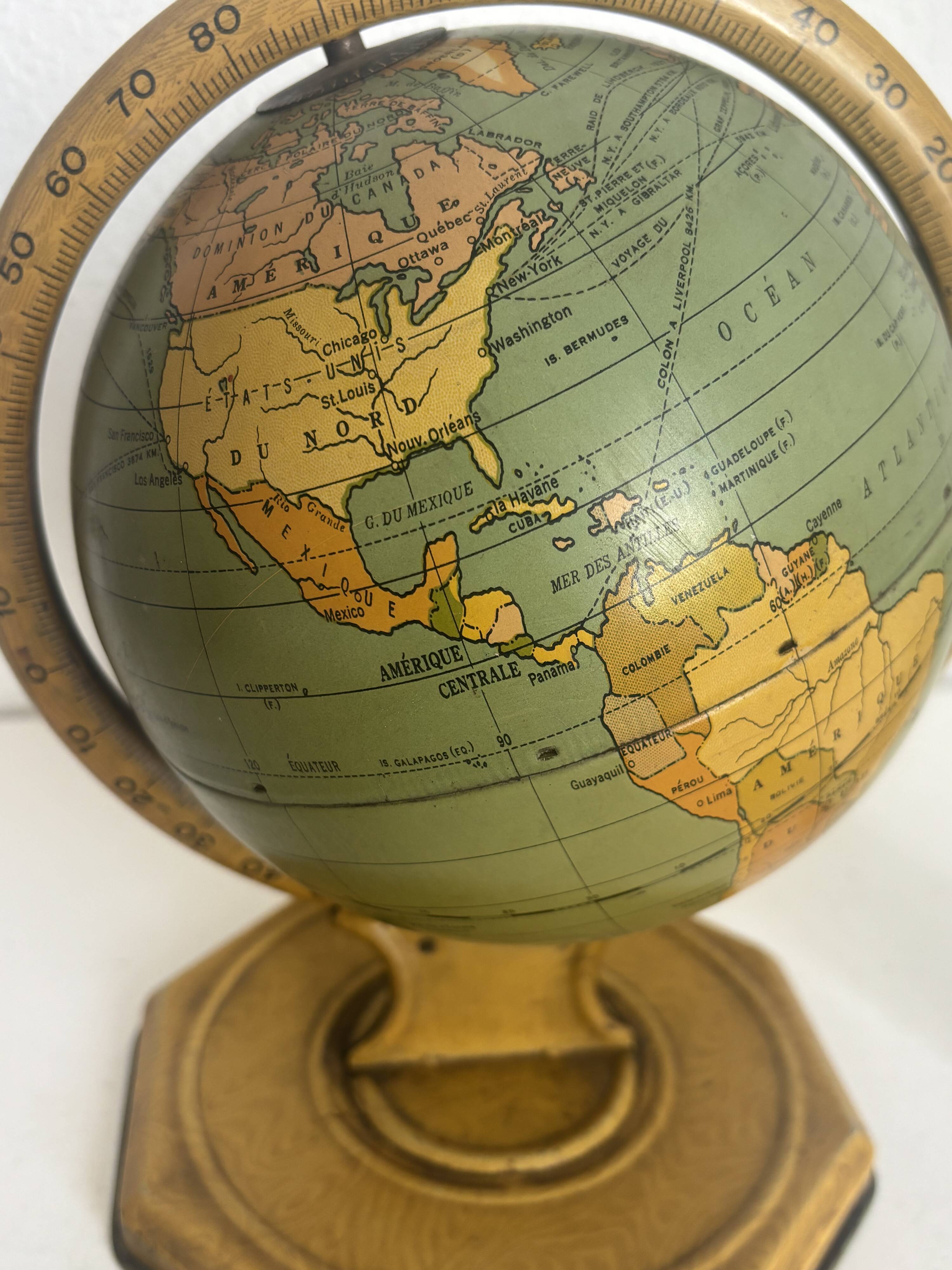 Vintage 1920 terrestrial globe world map metal USA - 25 cm