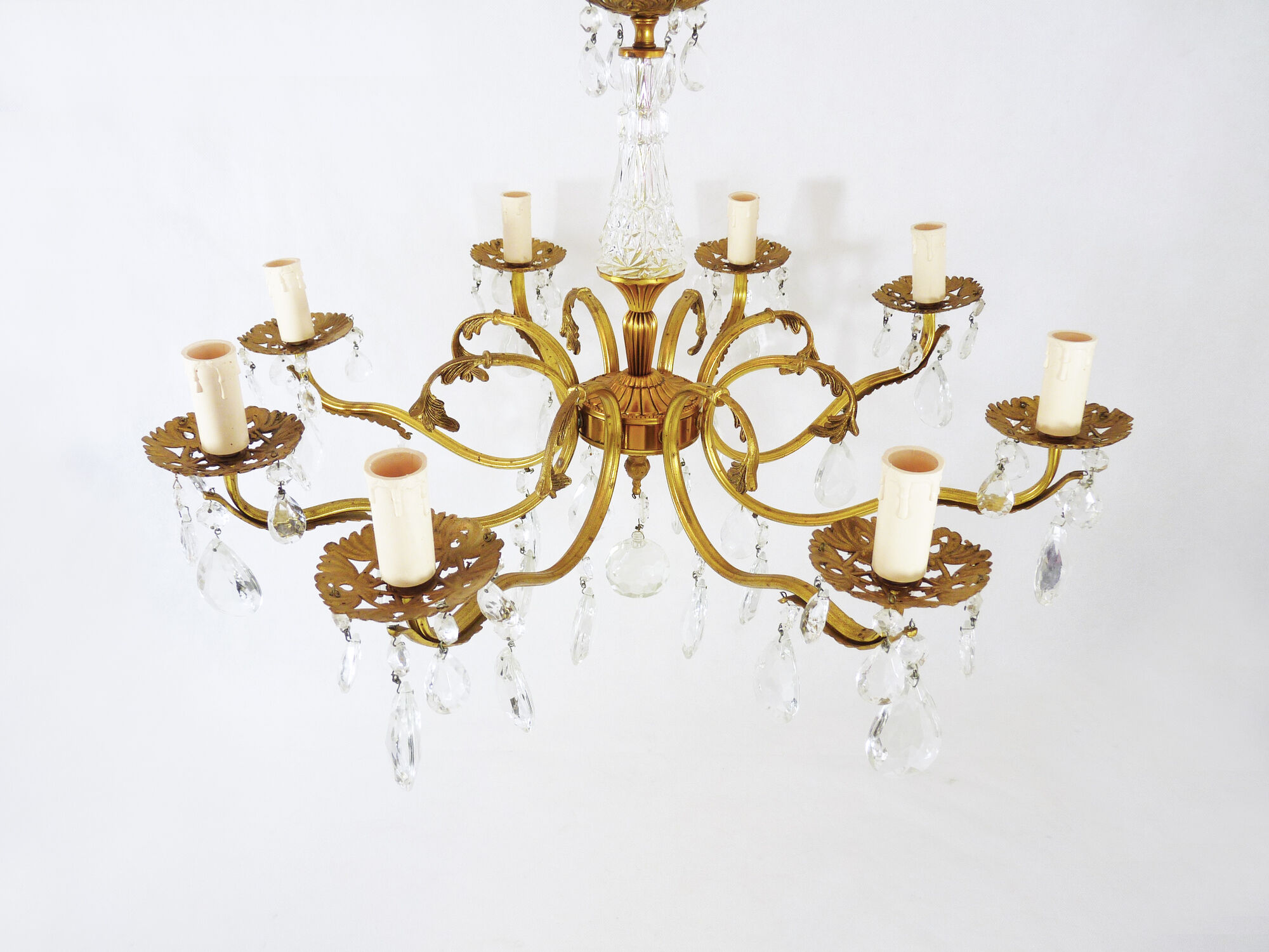 Old 8-branch brass chandelier and glass stamps