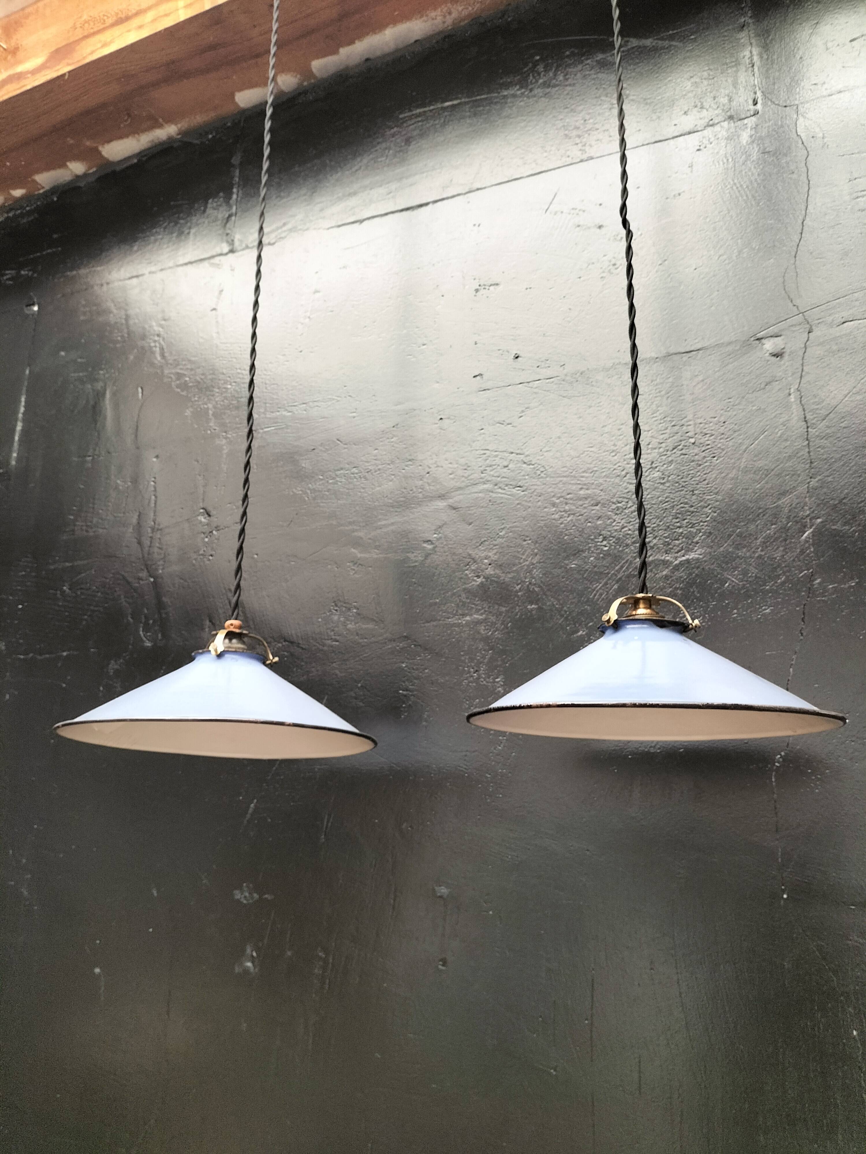 Pair of blue enameled sheet metal pendant lights