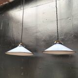 Pair of blue enameled sheet metal pendant lights
