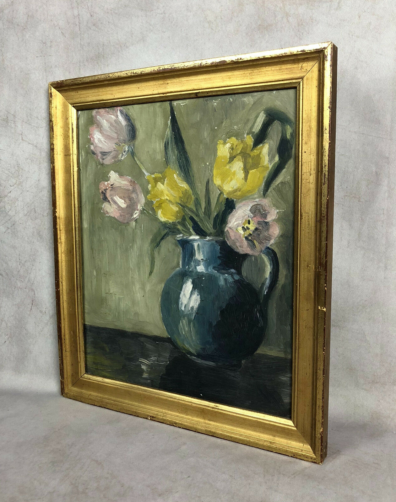 Table oil on panel "The bouquet of tulips"