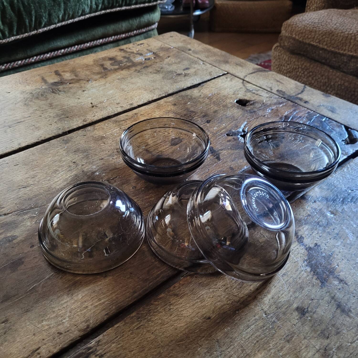 5 Arcoroc smoked bowls, stackable tempered glass, 1970s