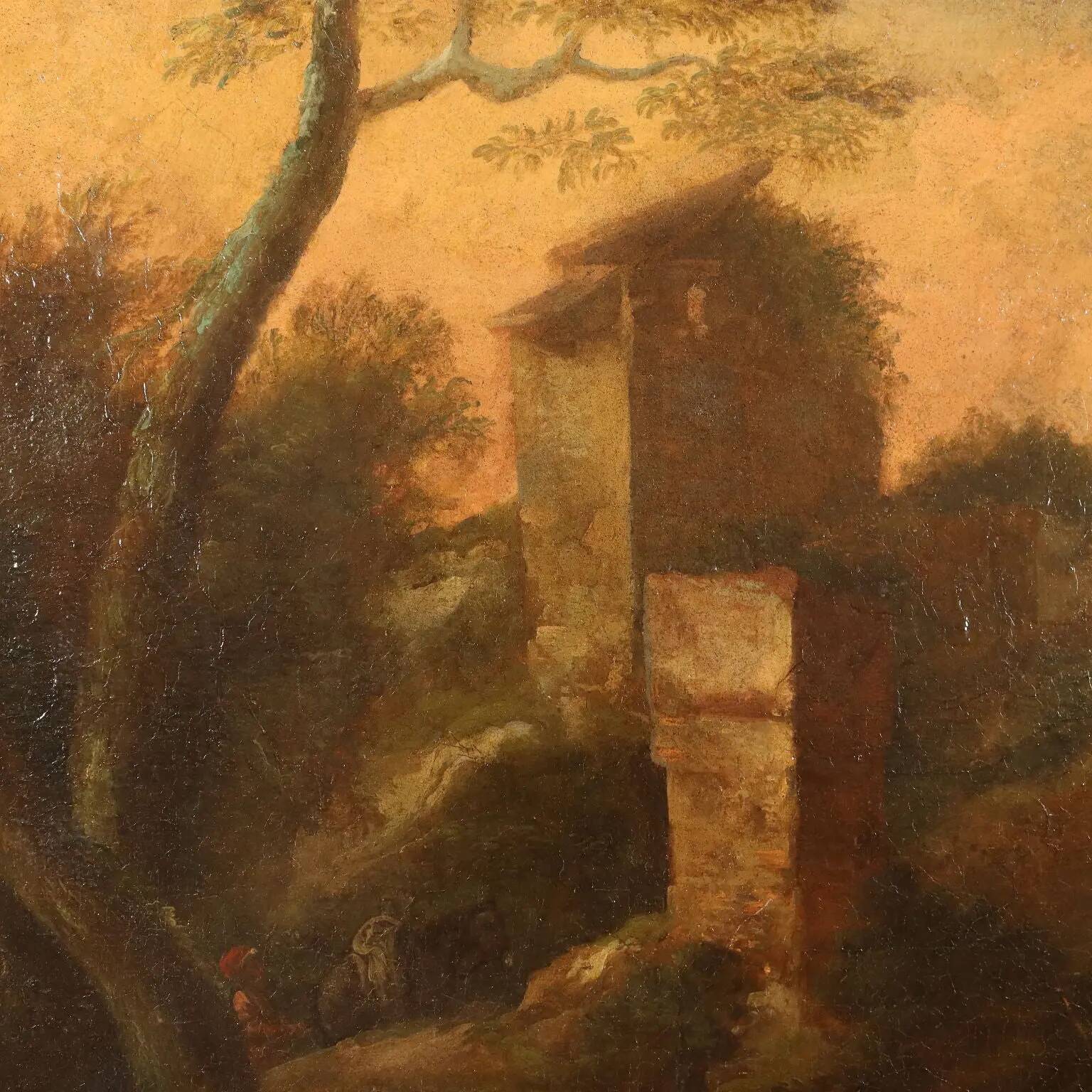 Landscape painting with figures and herds, oil on canvas, 18th century.