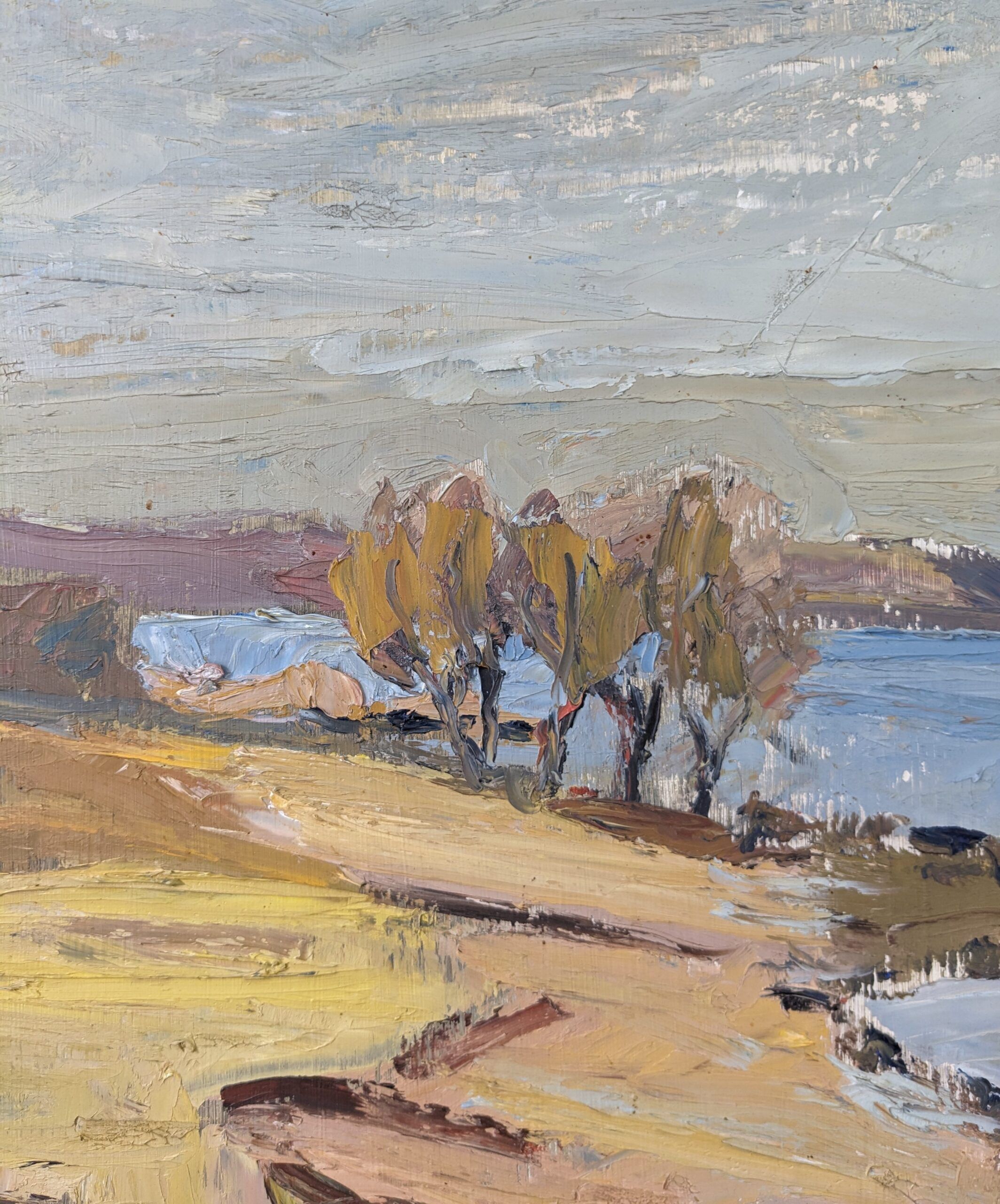 Peinture à l’huile de paysage vintage suédoise moderne « Golden Meadows » du milieu du siècle, encadrée