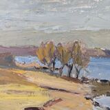 Peinture à l’huile de paysage vintage suédoise moderne « Golden Meadows » du milieu du siècle, encadrée