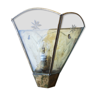 Handmade brass and engraved glass sconce