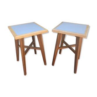 Paire de chevets scandinaves en bois de teck anciens + plateau gris vintage