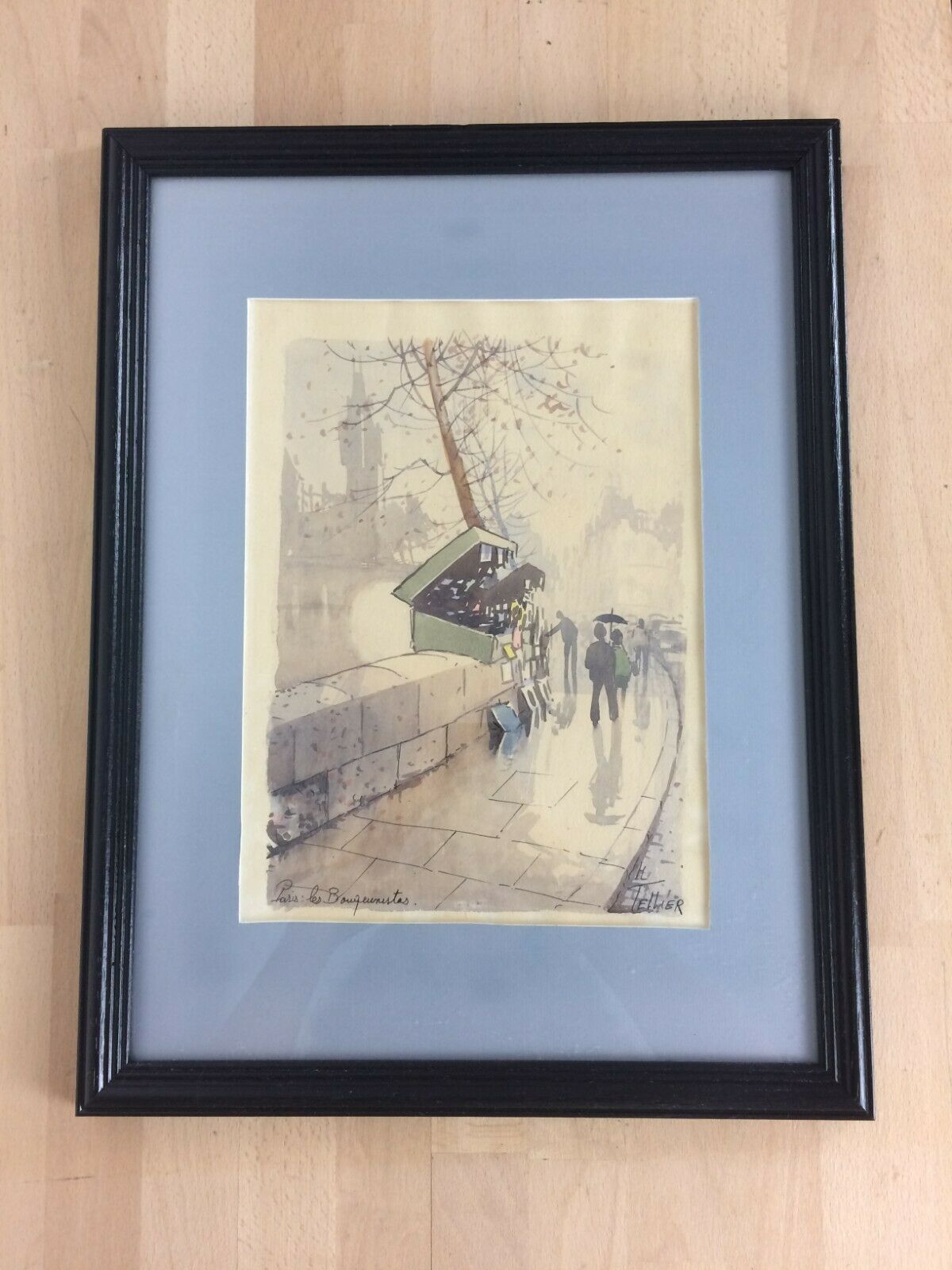 Tableau Les Bouquinistes signé H Tellier aquarelle