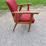 Armchair of the 50s in blond oak and red fabrics compass feet