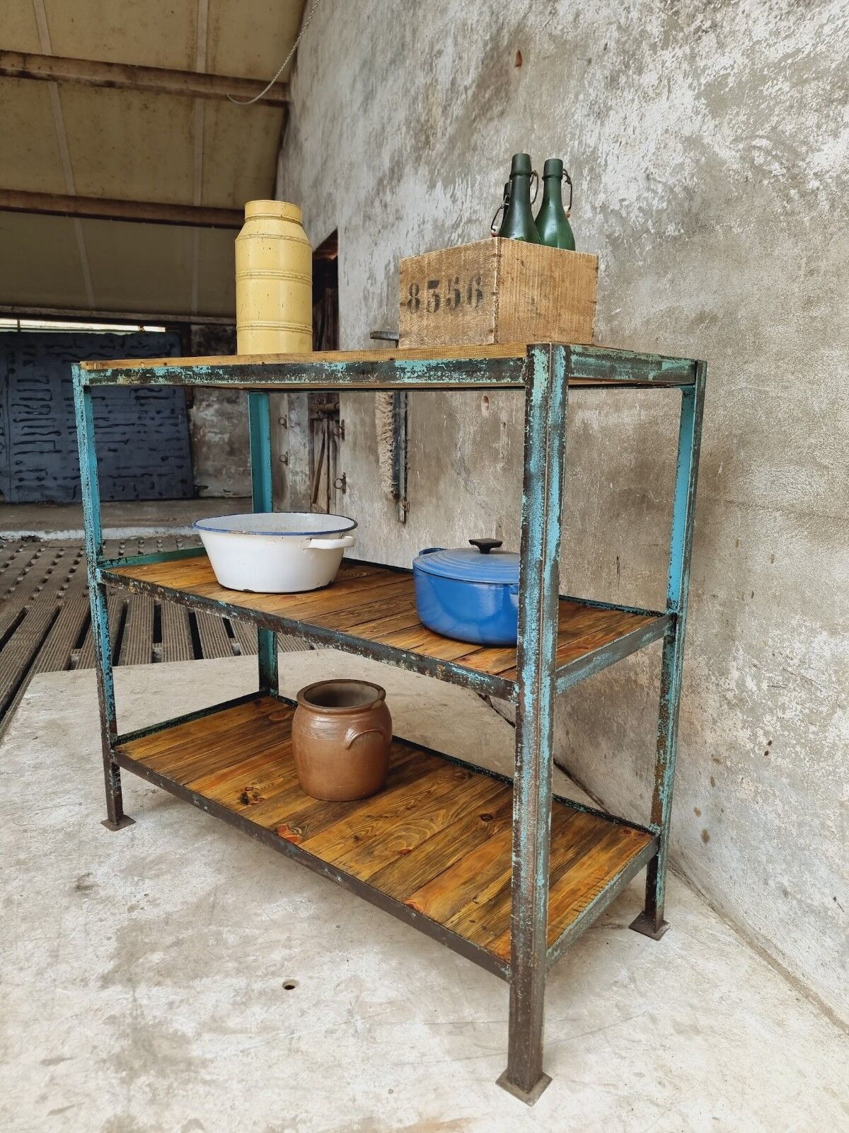Industrial shelving unit sidetable kitchen rack pastel blue