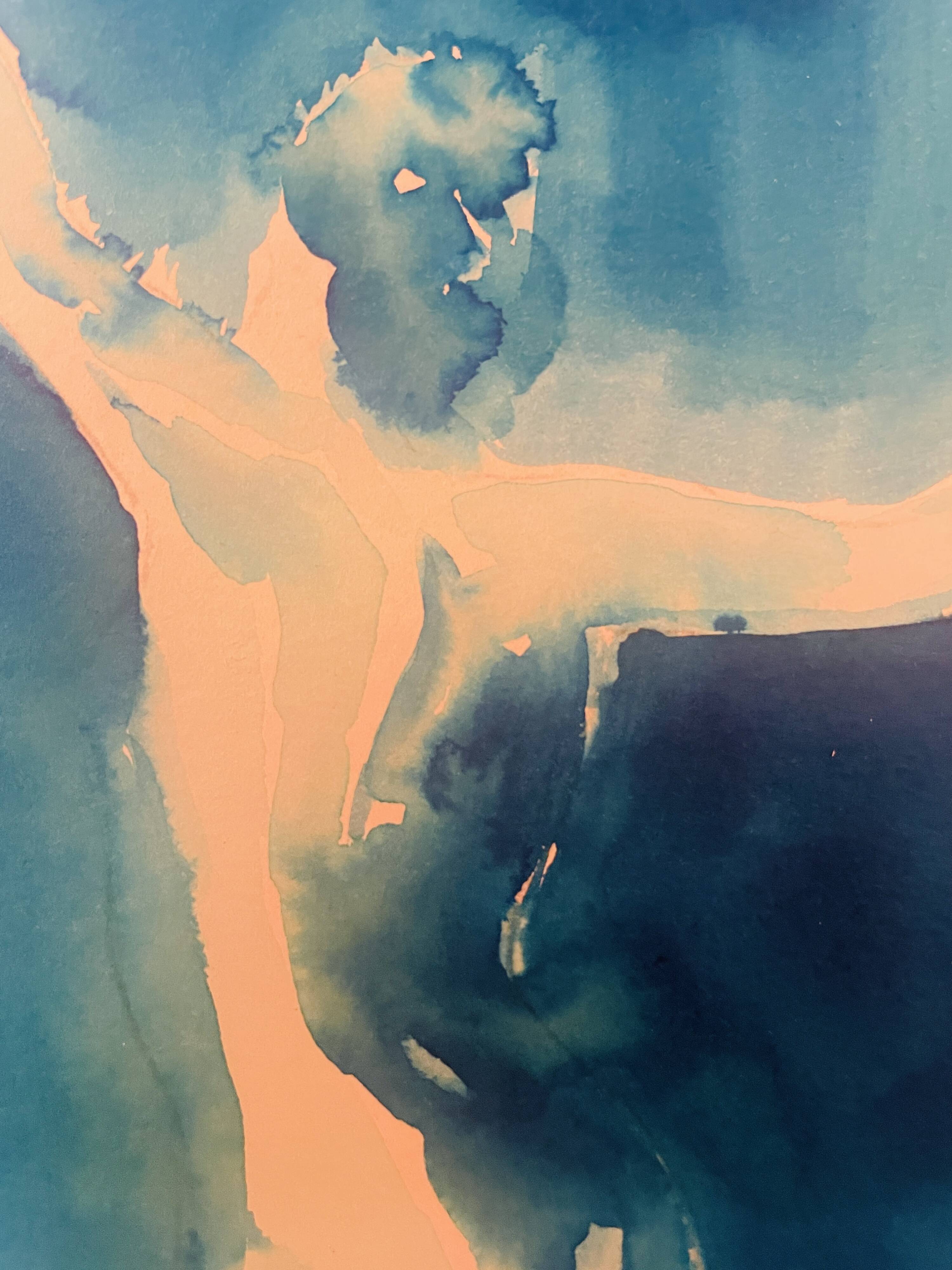 Monochrome blue watercolour tableau collection "Blue Lady" Dance, signed.