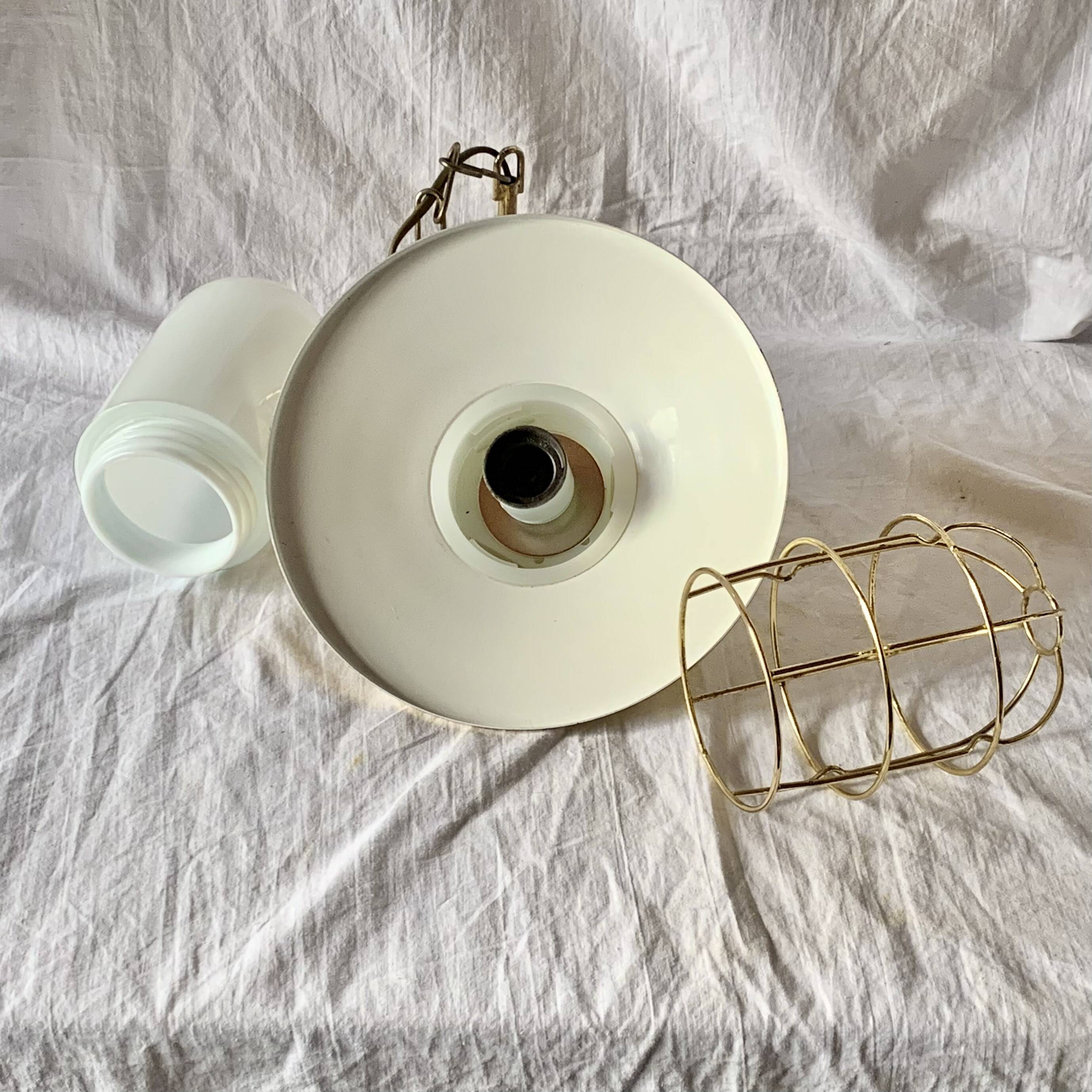 Vintage pendant light in gold metal and white opaline