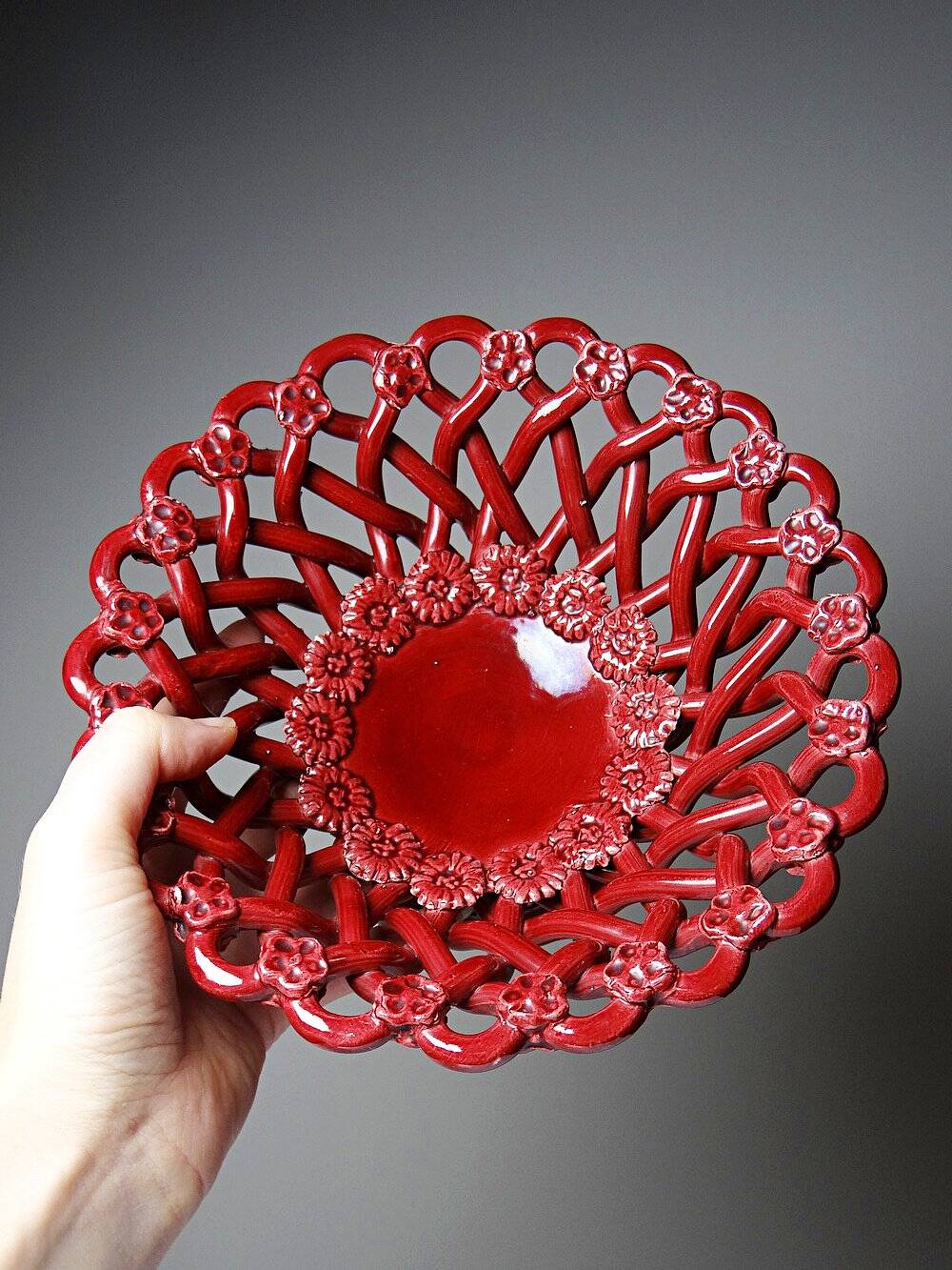 Small vintage 1970s-90s openwork braided red ceramic bowl by Pichon Uzès