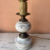Round lamp base in white patina wood and brass