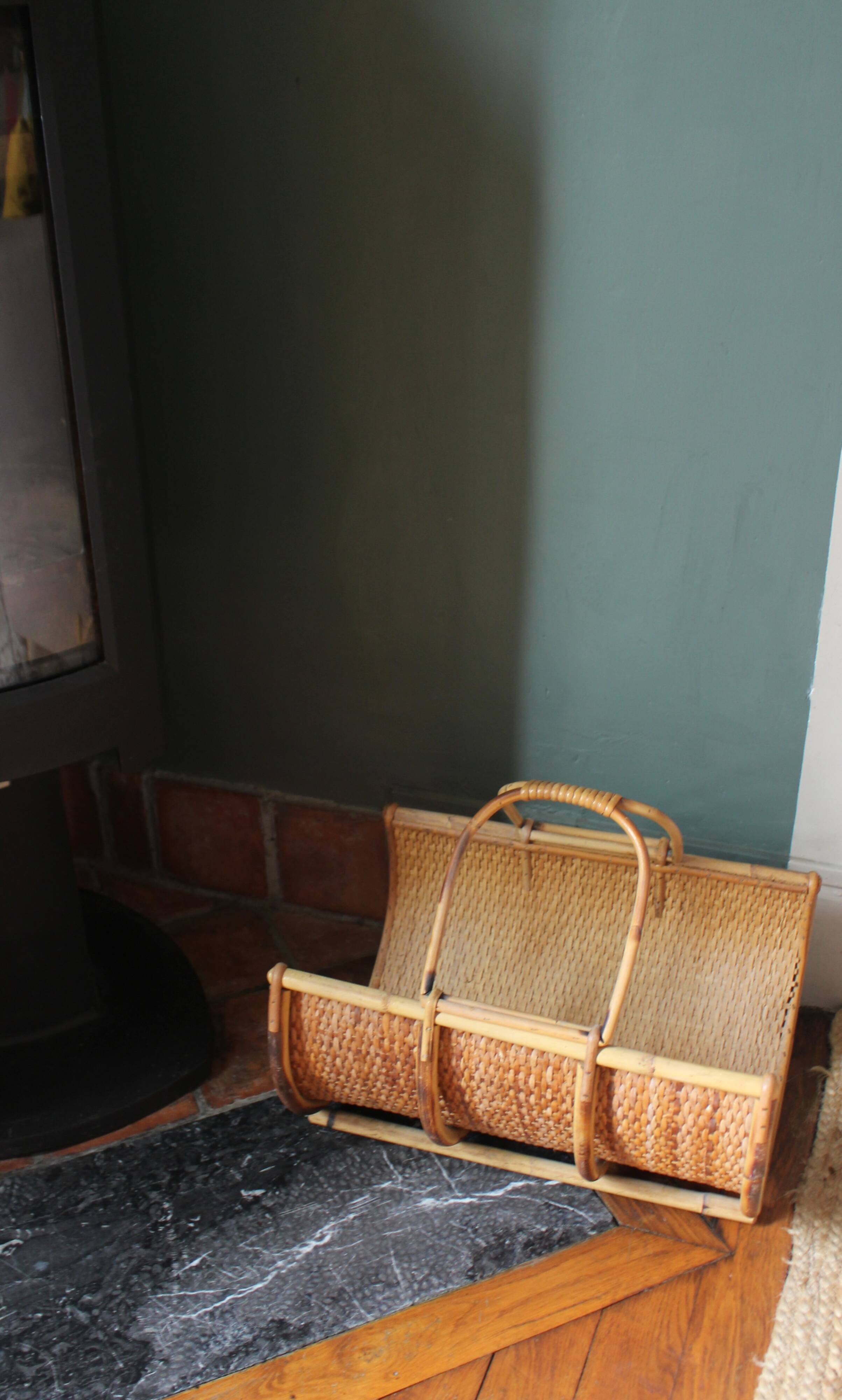 Porte revues panier bûches rotin osier vintage