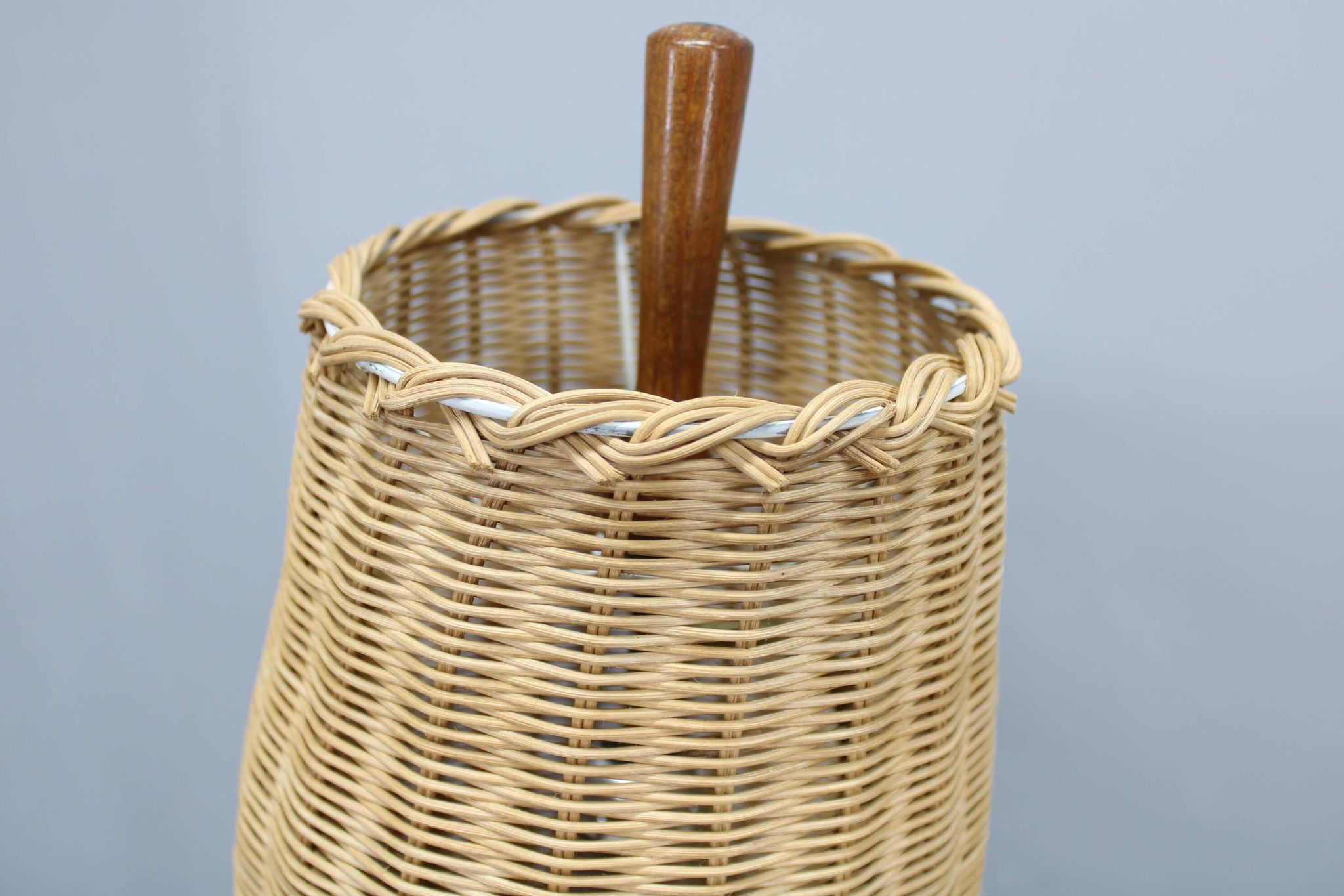 1960s Parker Knoll wooden table lamp with wicker shade, Britain