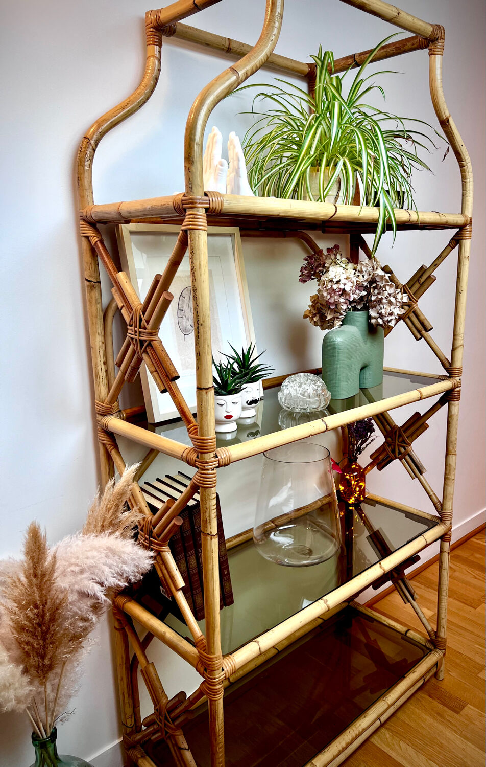 Rattan and glass shelf