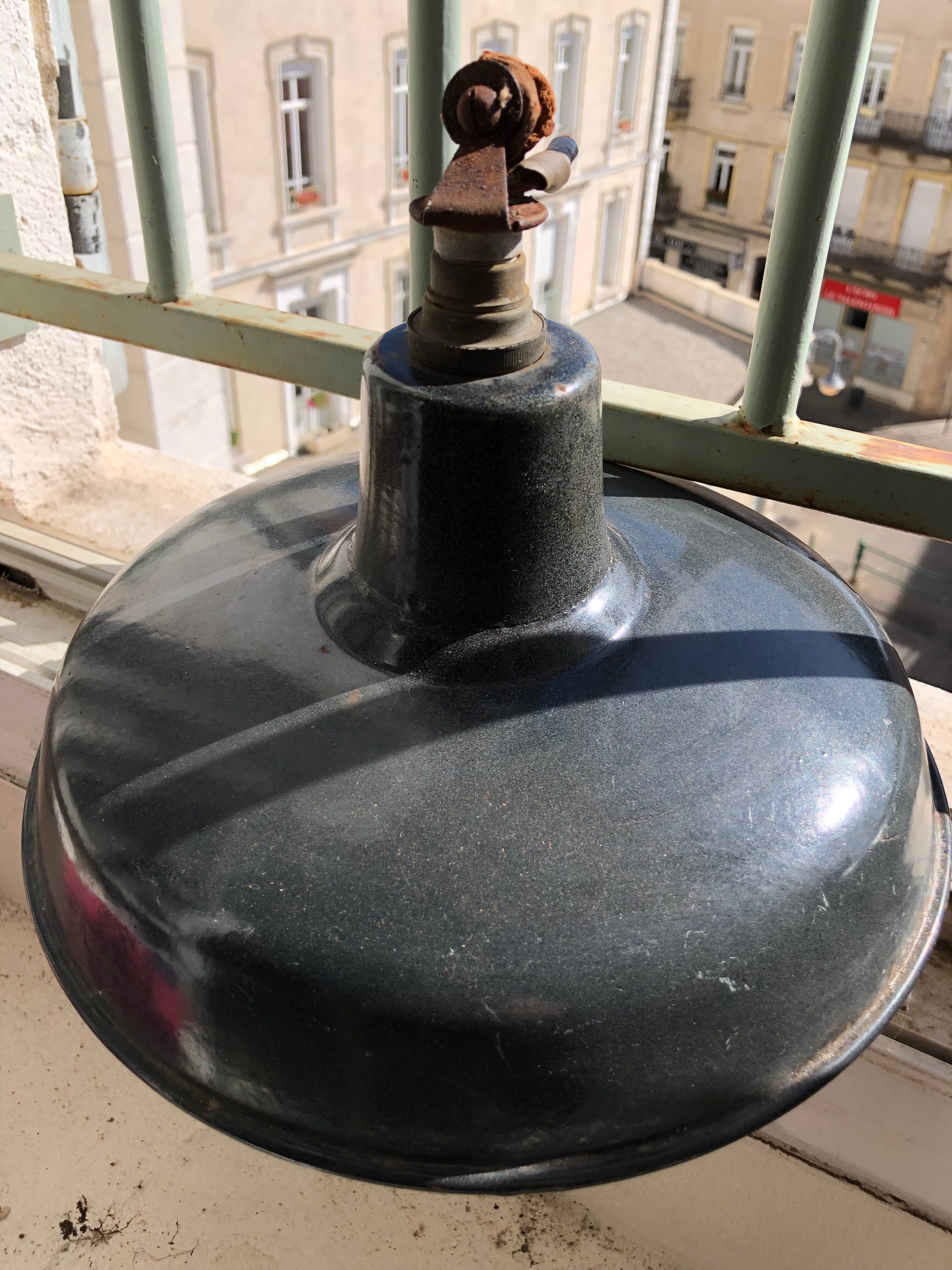 Pair of workshop pendant lights in grey/white enamelled sheet metal