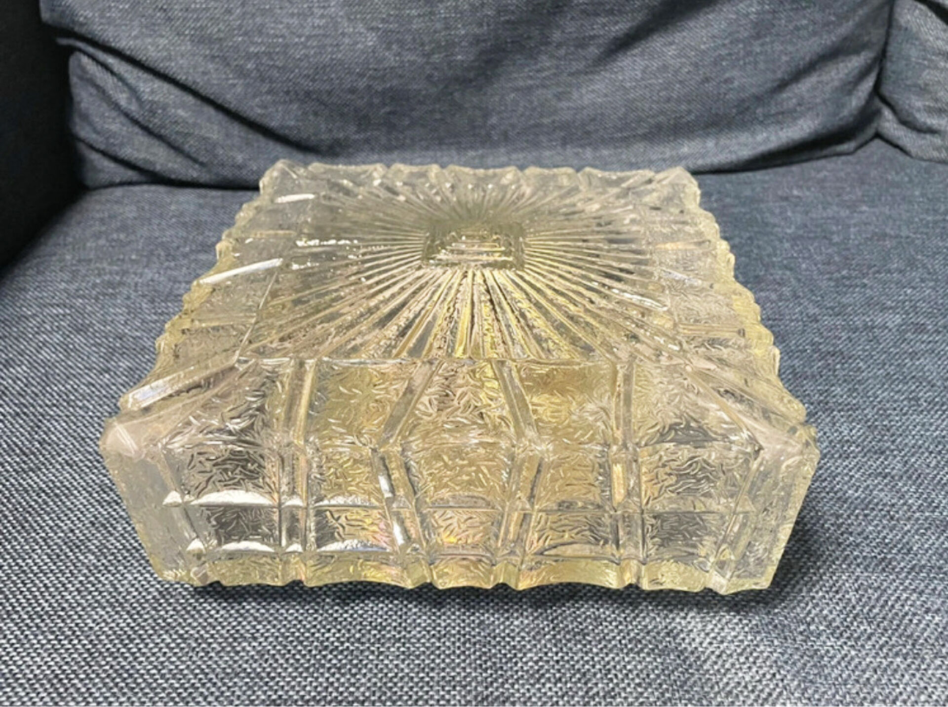 Vintage Flush Mount Square Glass Ceiling Lamp, Sunburst Motif
