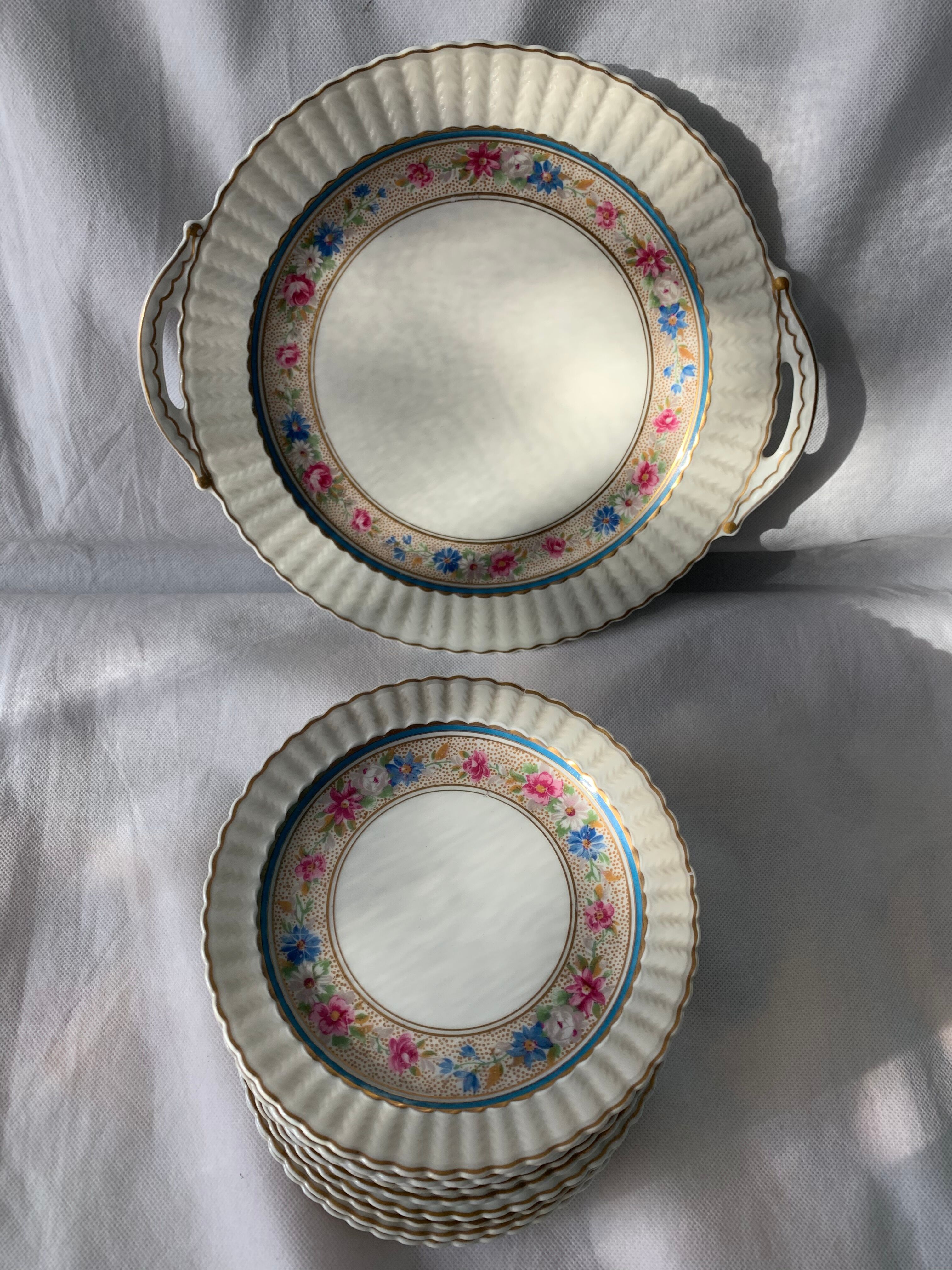 Dessert service 10 plates and a Bernardaud Limoges porcelain cake dish