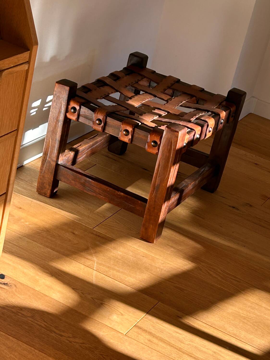 Wooden Brazilian Brutalist Leather Foot Stool Pouf