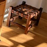 Wooden Brazilian Brutalist Leather Foot Stool Pouf