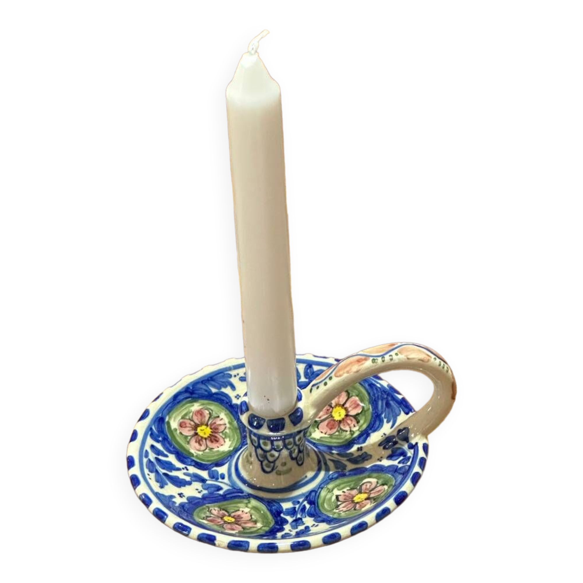Ceramic candle holder - blue with pink flowers