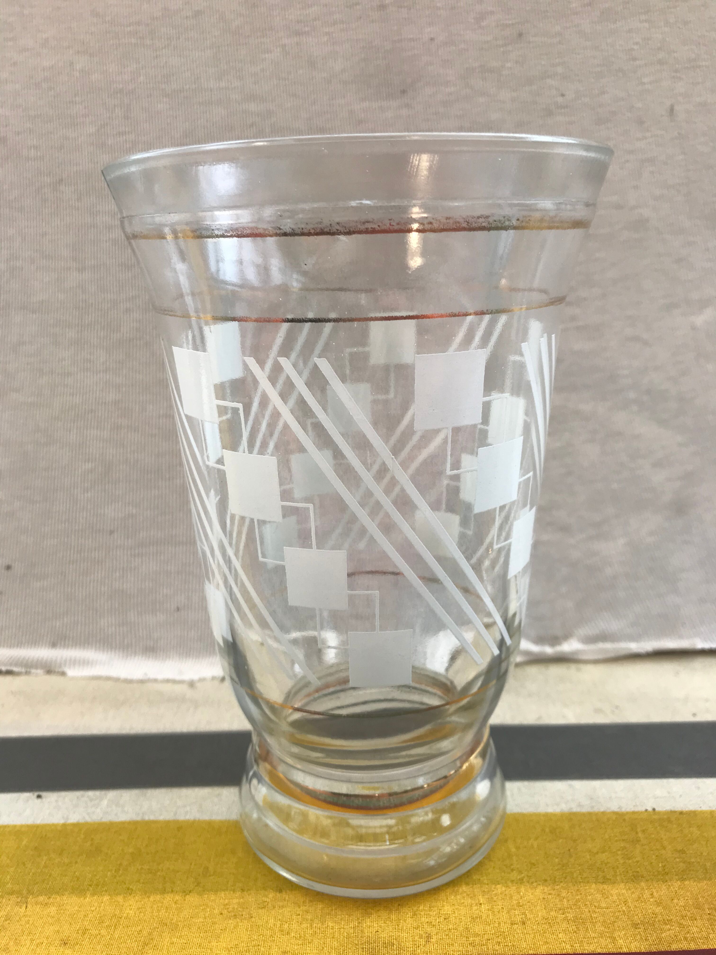 Pair Old Glass Vase Moulded Gold Decor AMORA - Vintage Geometric Design