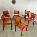 Lot 6 anciennes chaises design Dieticker Bruno Rey bois fuchsia vintage années 70