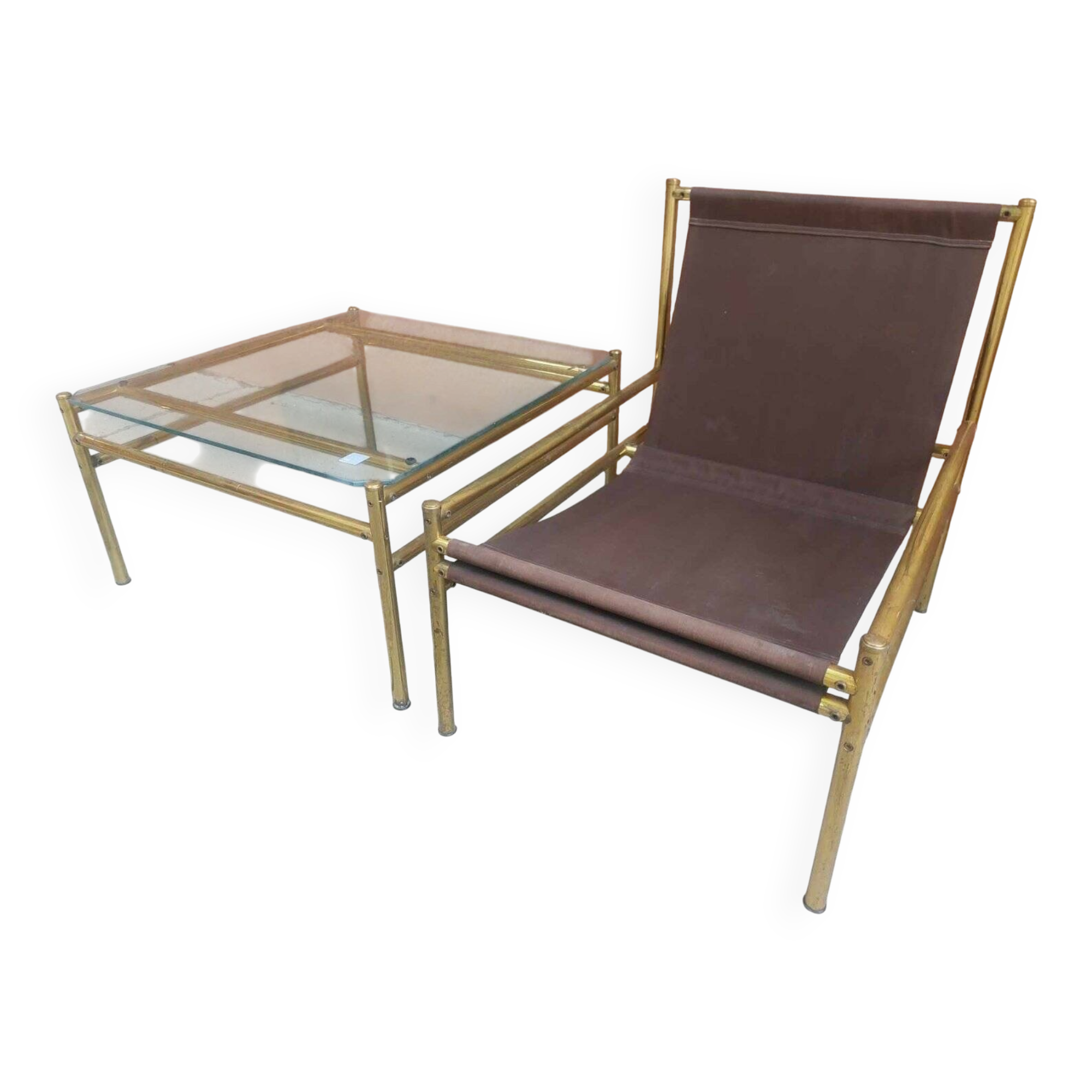 1960s vintage set — brass and glass chairs and table in straw yellow (set of 3)
