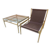 Set vintage années 1960 — chaises et table en laiton et verre couleur jaune paille (set de 3)